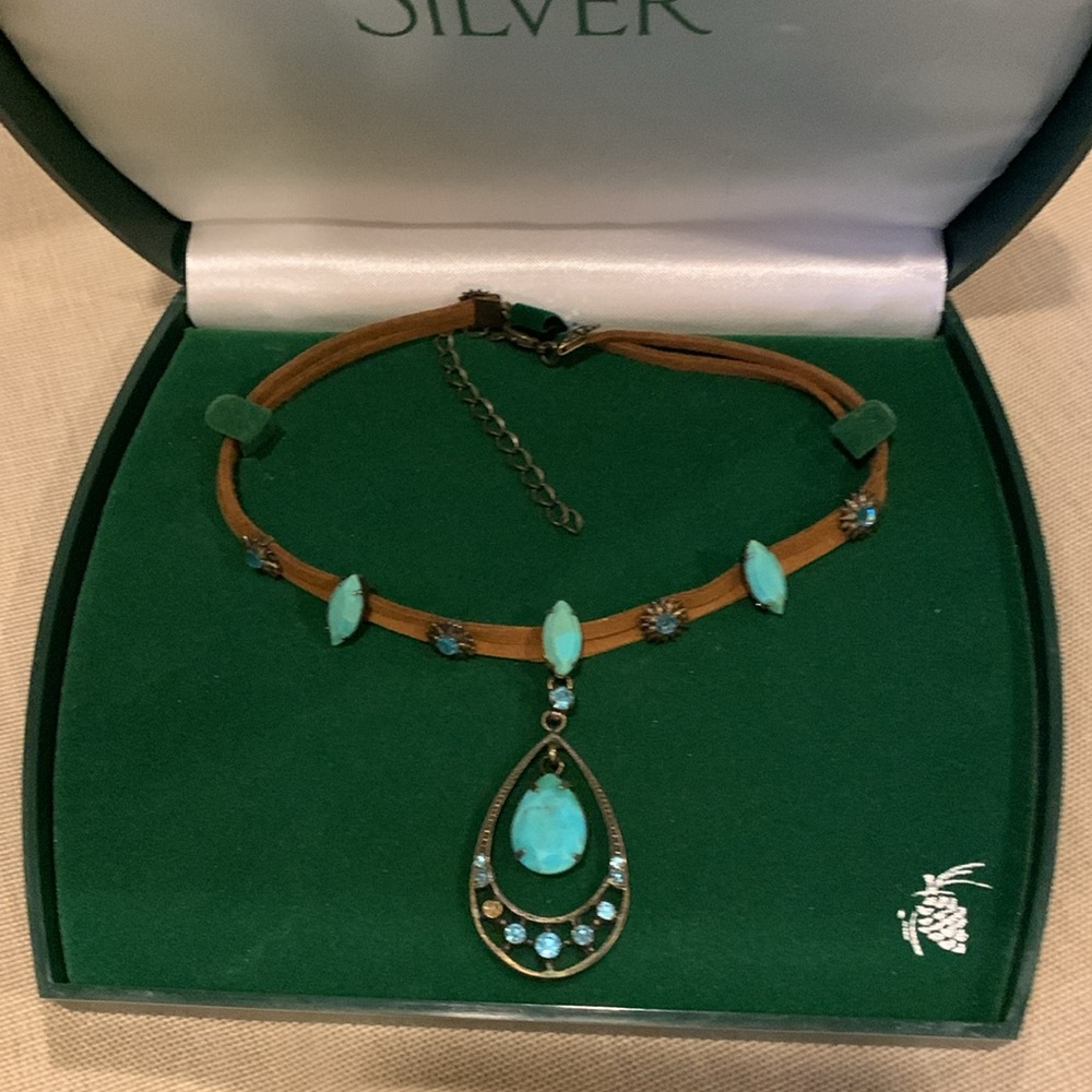 Big Sky Silver Chocker Necklace Turquoise & Suede Western Cowgirl